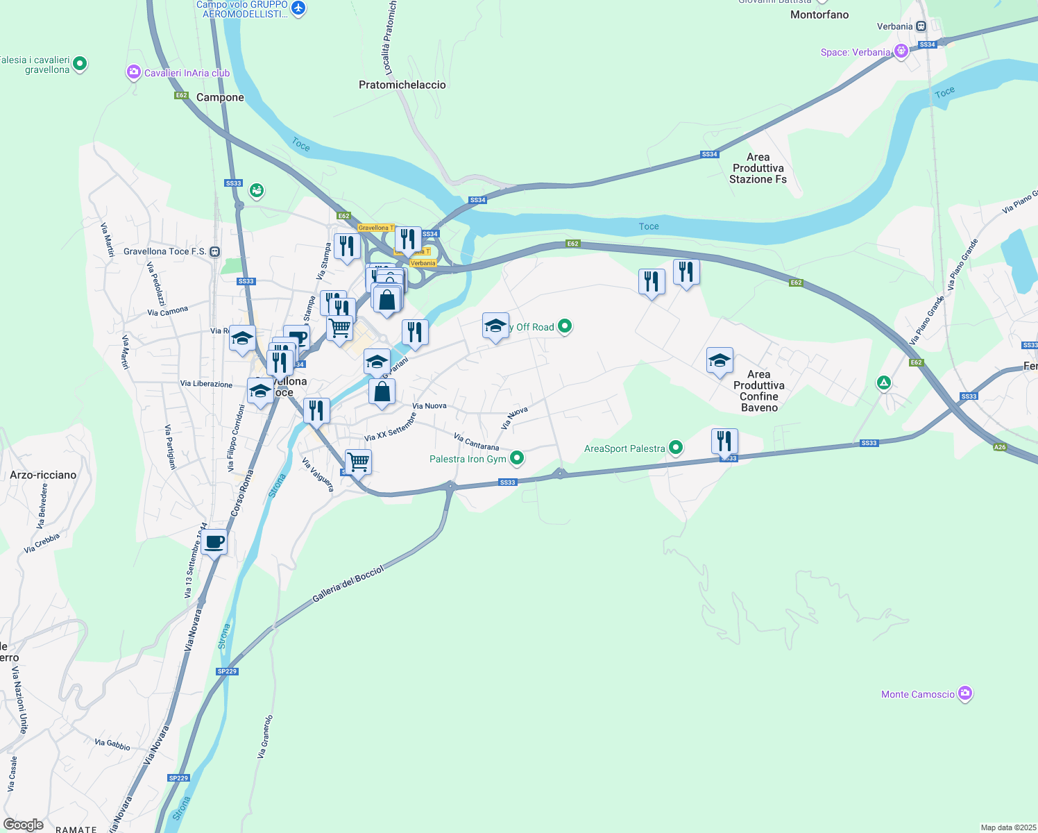 map of restaurants, bars, coffee shops, grocery stores, and more near 109A Via Nuova in Gravellona Toce