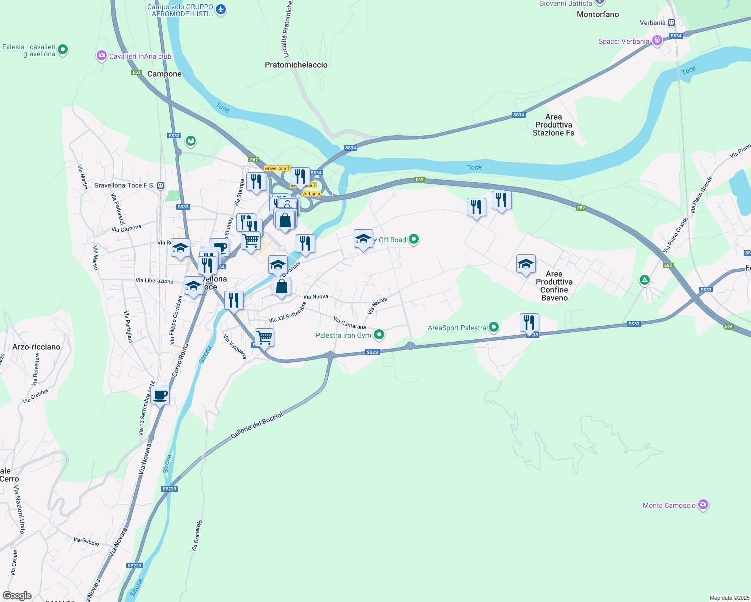 map of restaurants, bars, coffee shops, grocery stores, and more near 109A Via Nuova in Gravellona Toce