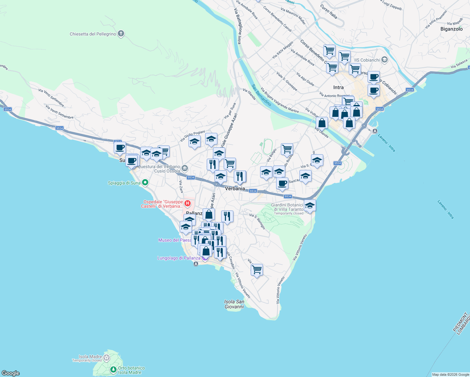 map of restaurants, bars, coffee shops, grocery stores, and more near in Verbania