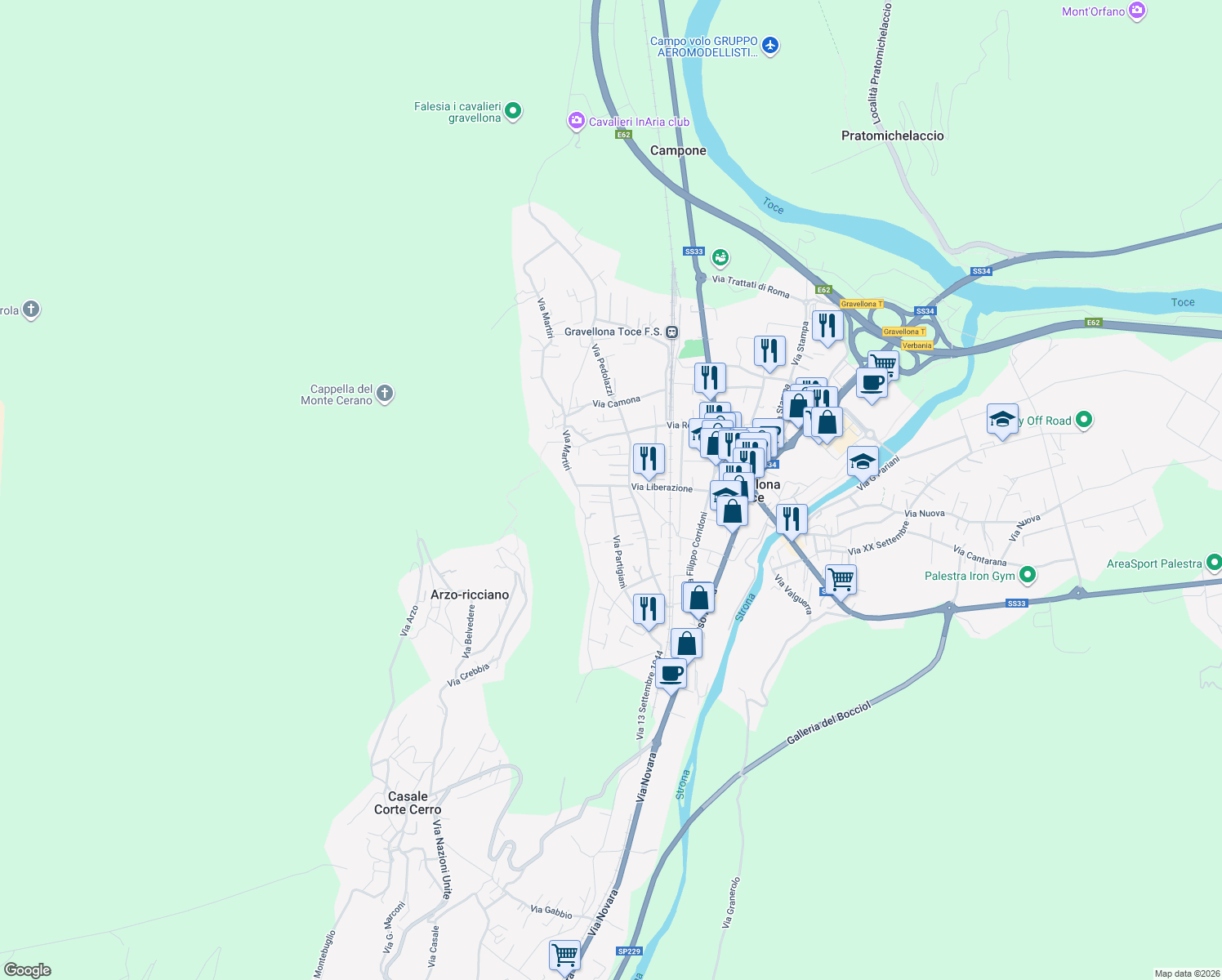 map of restaurants, bars, coffee shops, grocery stores, and more near 49 Via Liberazione in Gravellona Toce