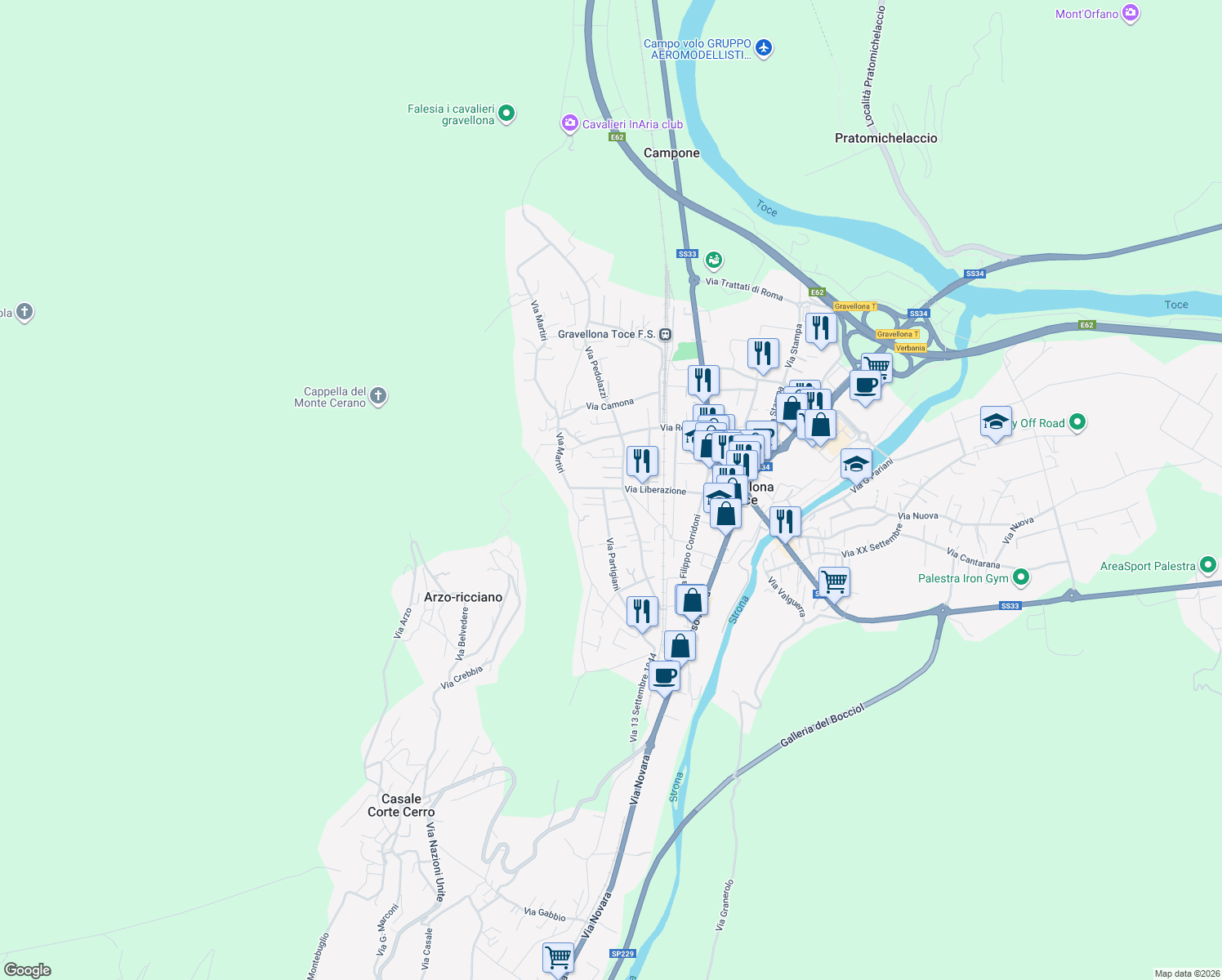 map of restaurants, bars, coffee shops, grocery stores, and more near 49 Via Liberazione in Gravellona Toce
