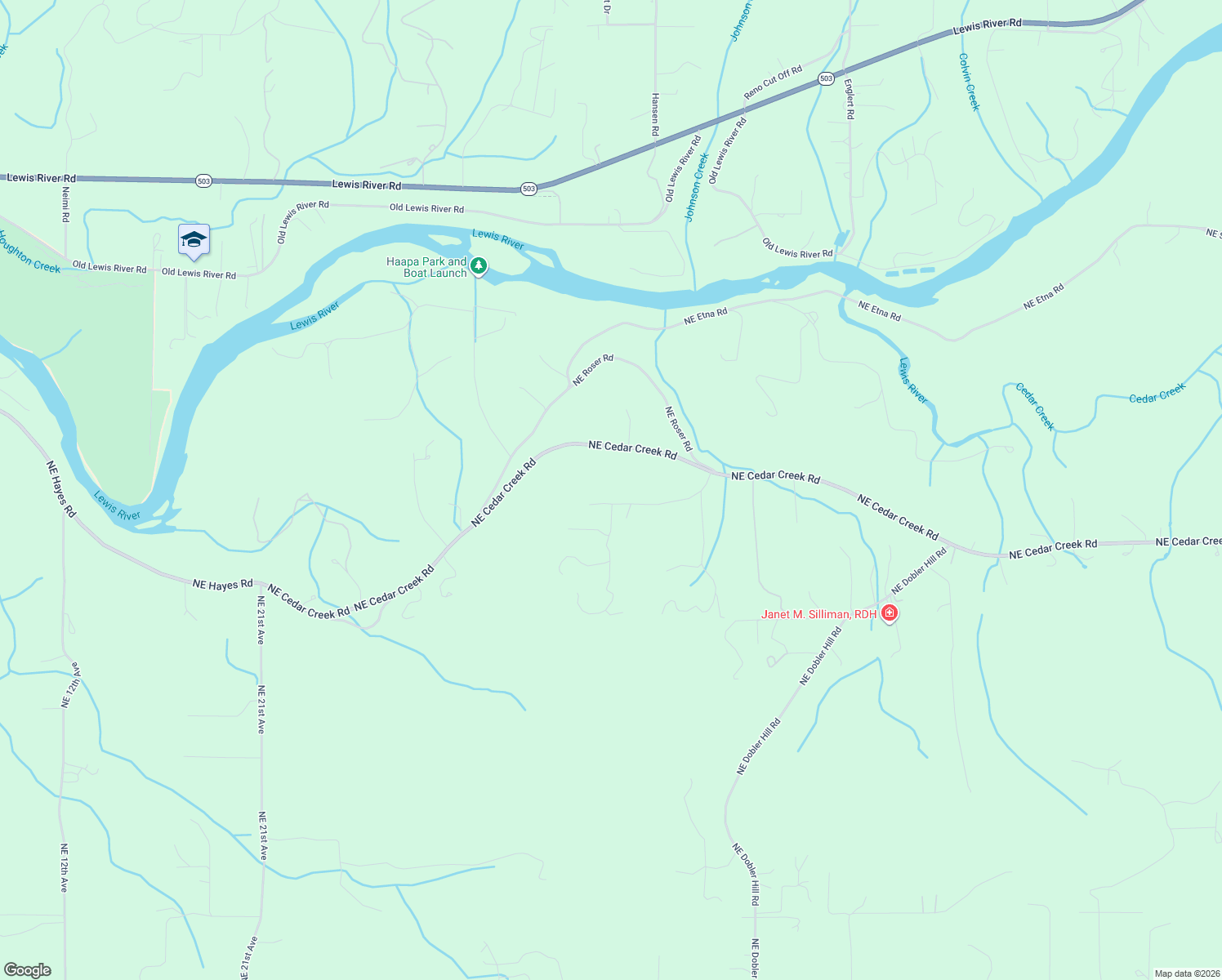 map of restaurants, bars, coffee shops, grocery stores, and more near 3900 Northeast 425th Street in Woodland