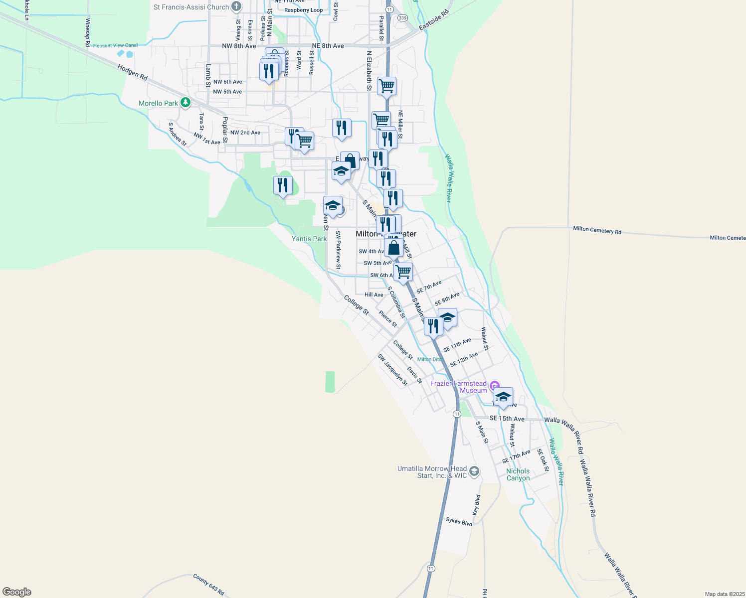 map of restaurants, bars, coffee shops, grocery stores, and more near 642 Pierce Street in Milton-Freewater