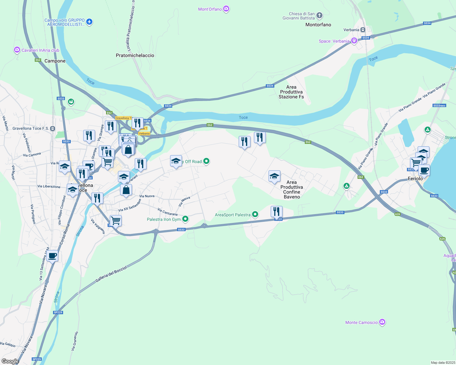 map of restaurants, bars, coffee shops, grocery stores, and more near 154 Via Nuova in Gravellona Toce