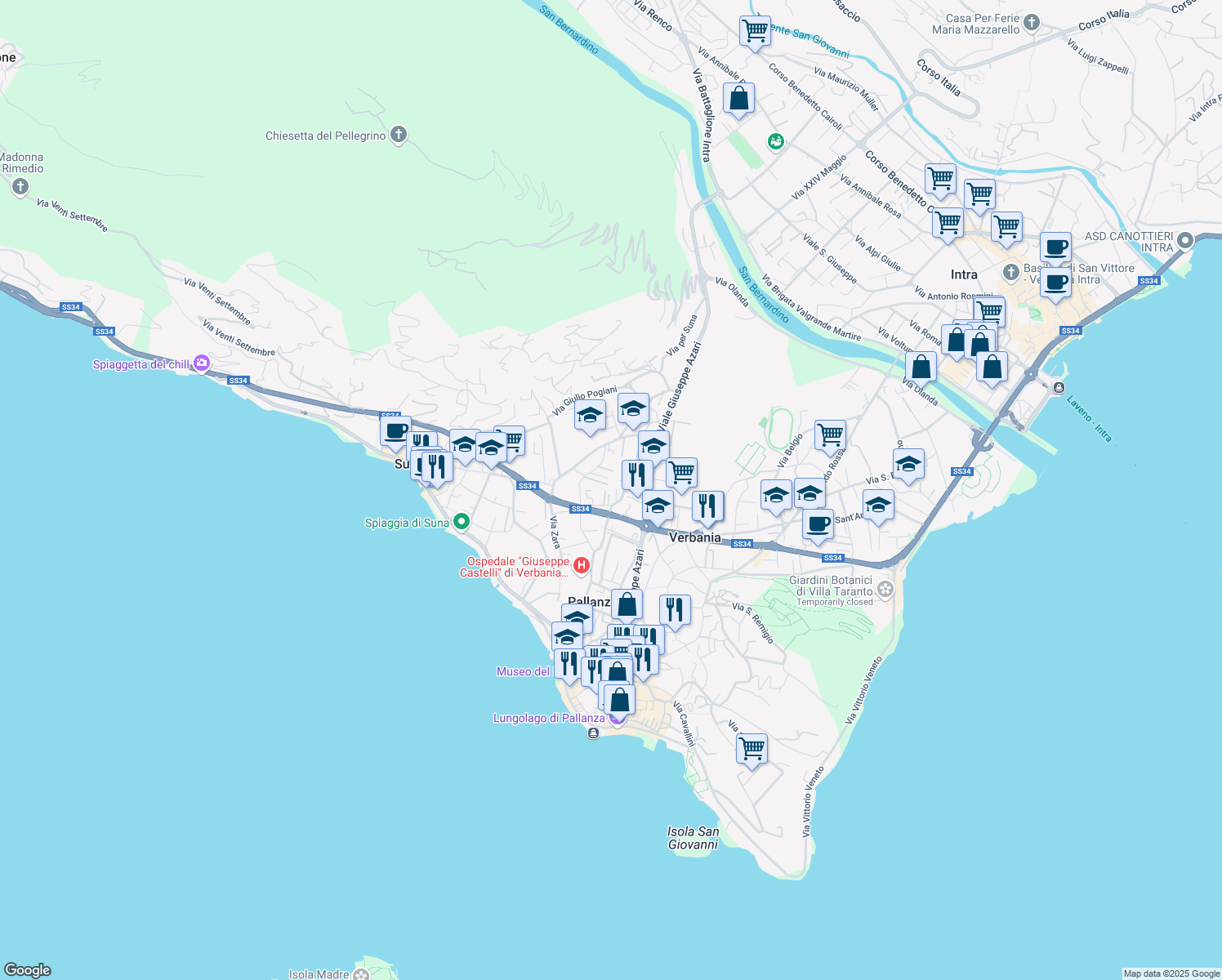map of restaurants, bars, coffee shops, grocery stores, and more near 43 Via Crocetta in Pallanza