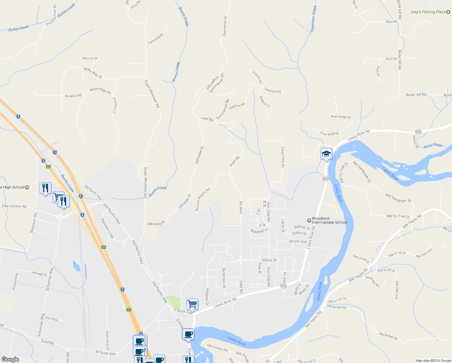 map of restaurants, bars, coffee shops, grocery stores, and more near 106 Bozarth Heights Road in Woodland