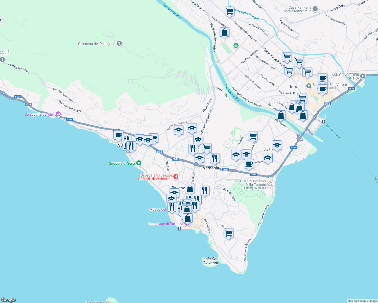 map of restaurants, bars, coffee shops, grocery stores, and more near 43 Via Crocetta in Pallanza