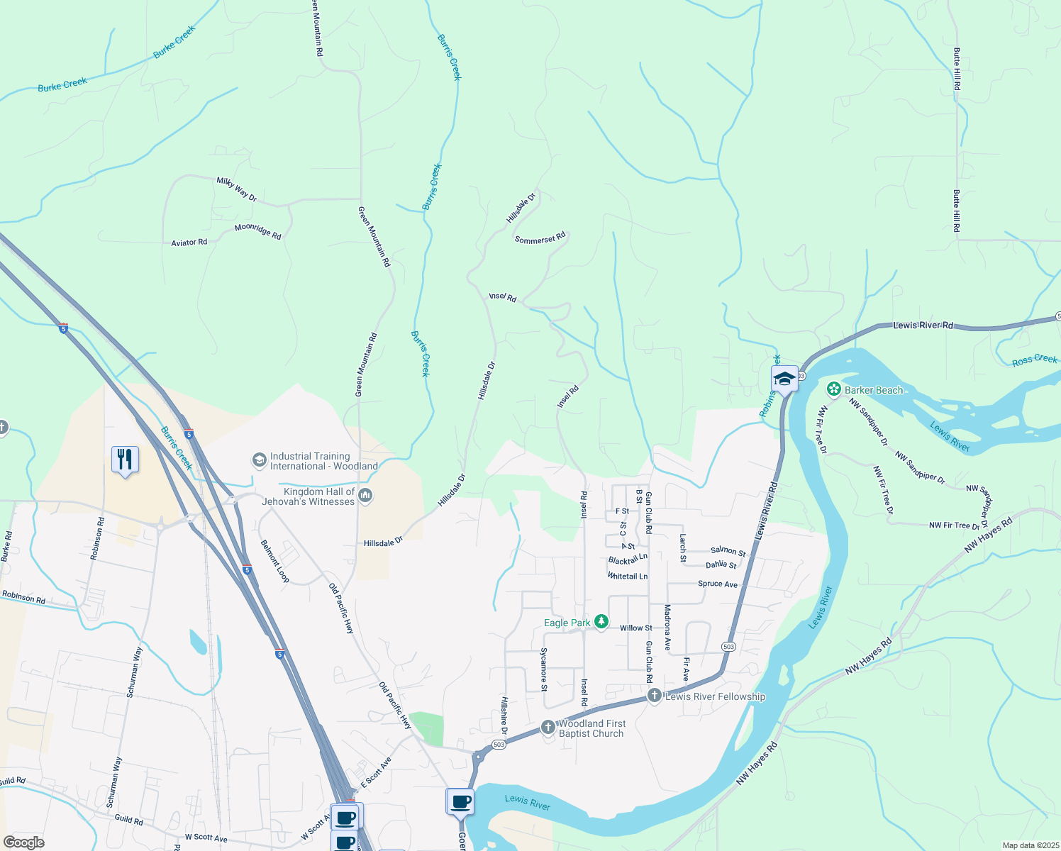 map of restaurants, bars, coffee shops, grocery stores, and more near 110 Bozarth Heights Road in Woodland
