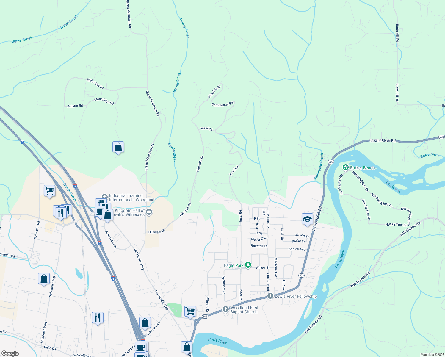 map of restaurants, bars, coffee shops, grocery stores, and more near 110 Bozarth Heights Road in Woodland