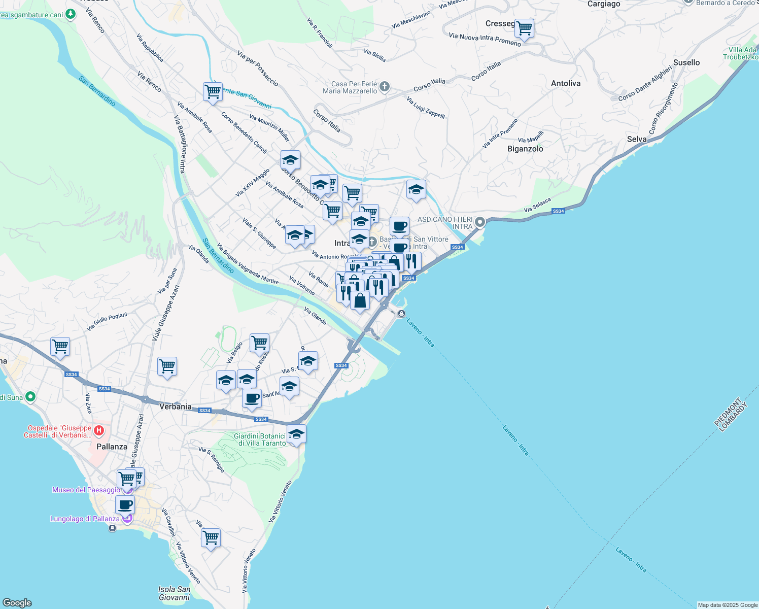 map of restaurants, bars, coffee shops, grocery stores, and more near 35 Corso Mameli Goffredo in Intra