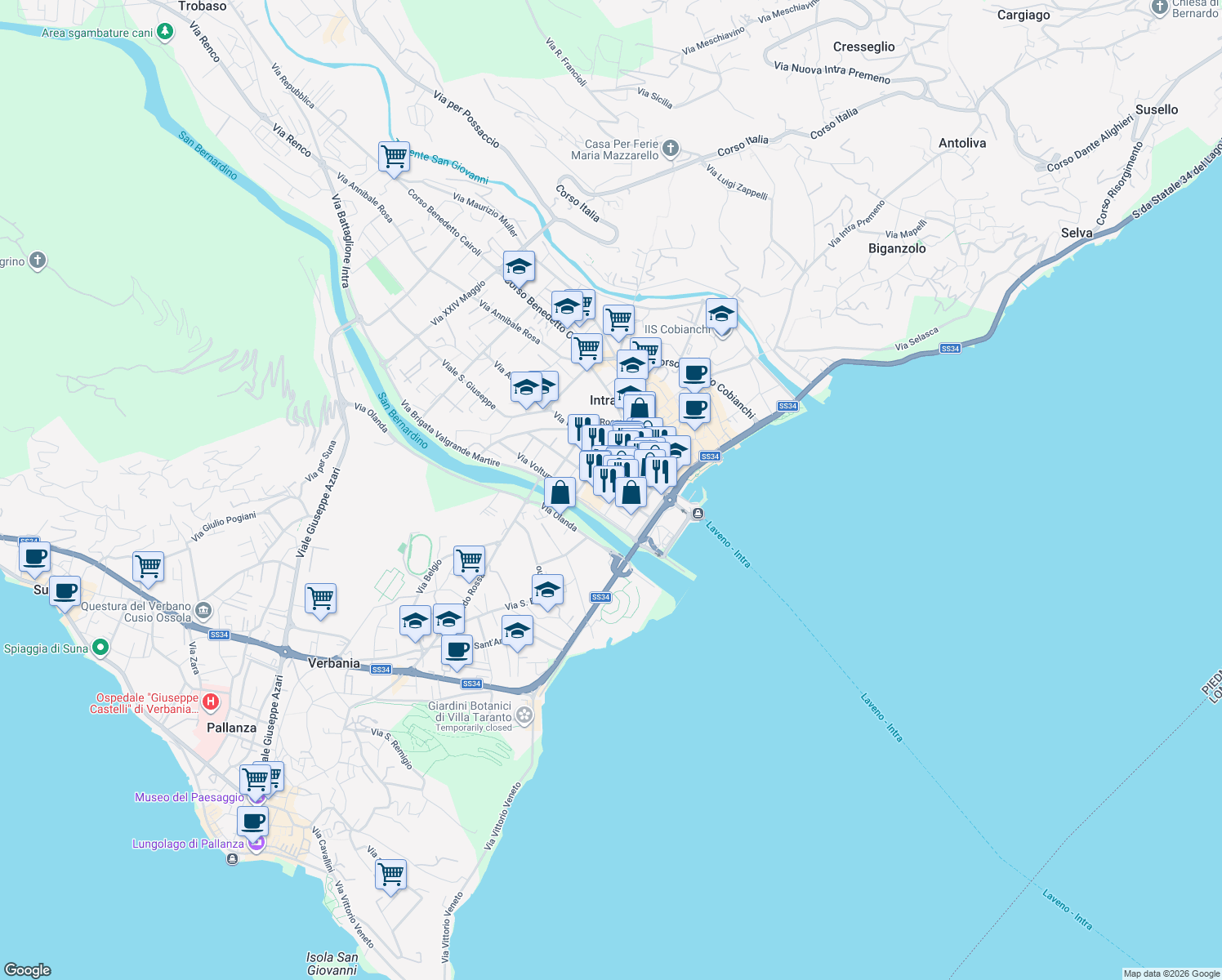 map of restaurants, bars, coffee shops, grocery stores, and more near 42 Via Luigi Rigola in Intra
