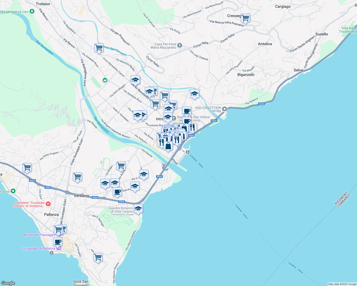 map of restaurants, bars, coffee shops, grocery stores, and more near 35 Corso Mameli Goffredo in Intra