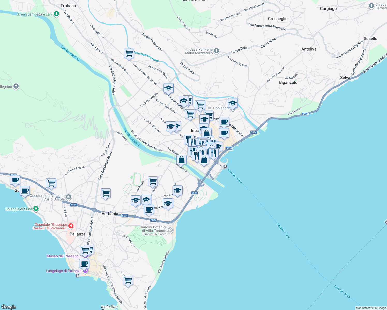 map of restaurants, bars, coffee shops, grocery stores, and more near 22-42 Via Luigi Rigola in Pallanza