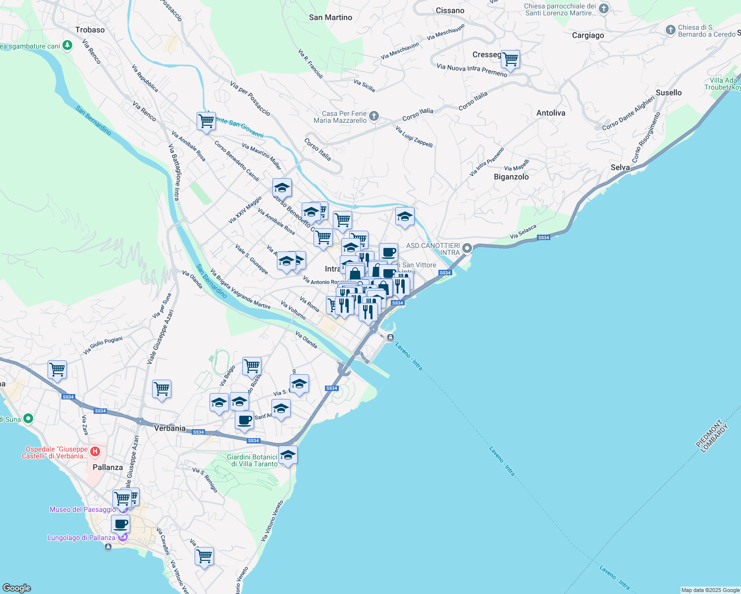 map of restaurants, bars, coffee shops, grocery stores, and more near 9 Vicolo Ciancino in Pallanza