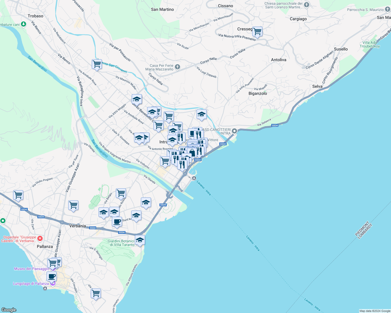 map of restaurants, bars, coffee shops, grocery stores, and more near Vicolo Mulino in Intra