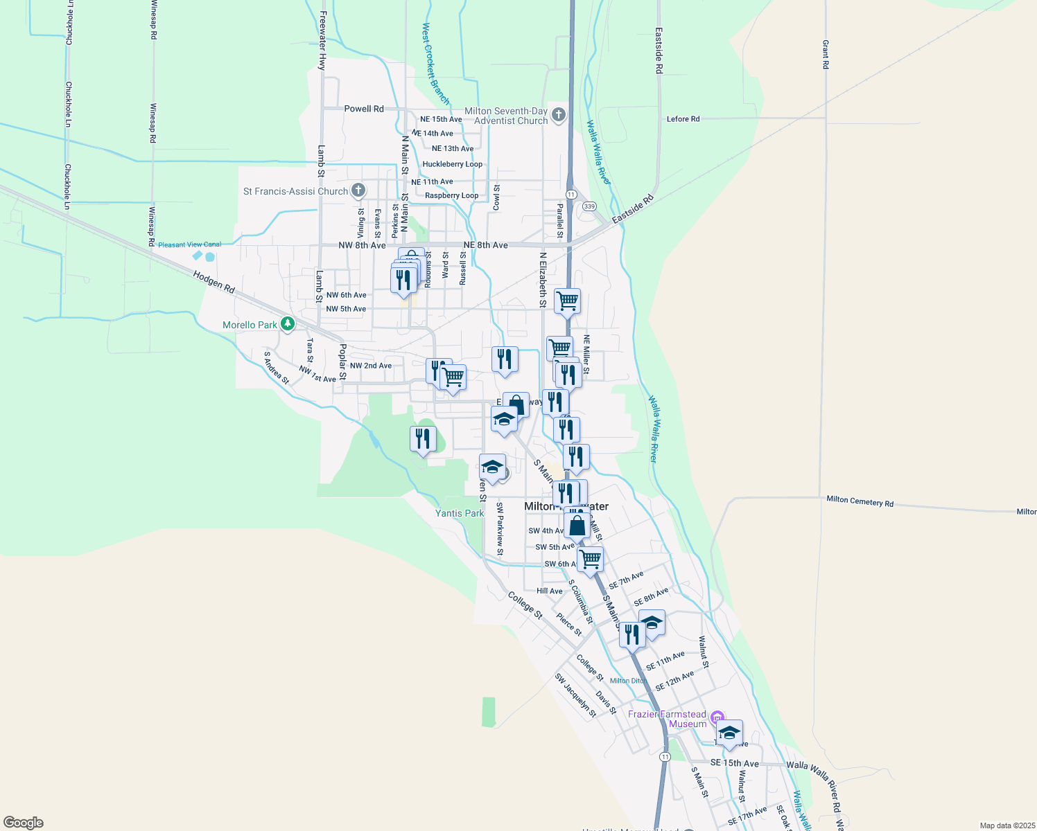map of restaurants, bars, coffee shops, grocery stores, and more near 41 Linden Drive in Milton-Freewater