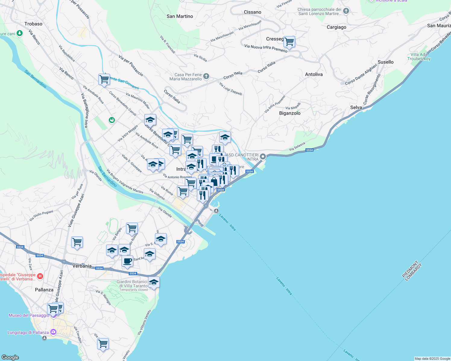 map of restaurants, bars, coffee shops, grocery stores, and more near 8 Via Aristide de Bonis in Pallanza