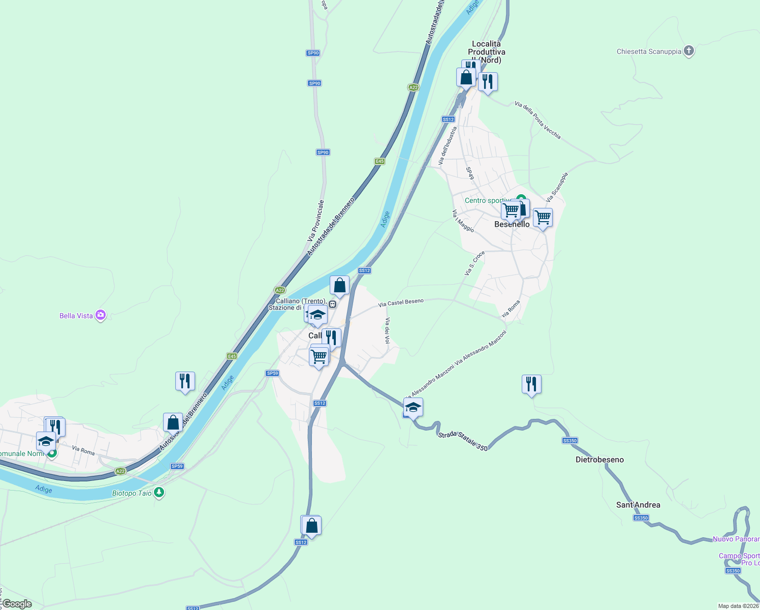 map of restaurants, bars, coffee shops, grocery stores, and more near 3 Via Castel Beseno in Calliano