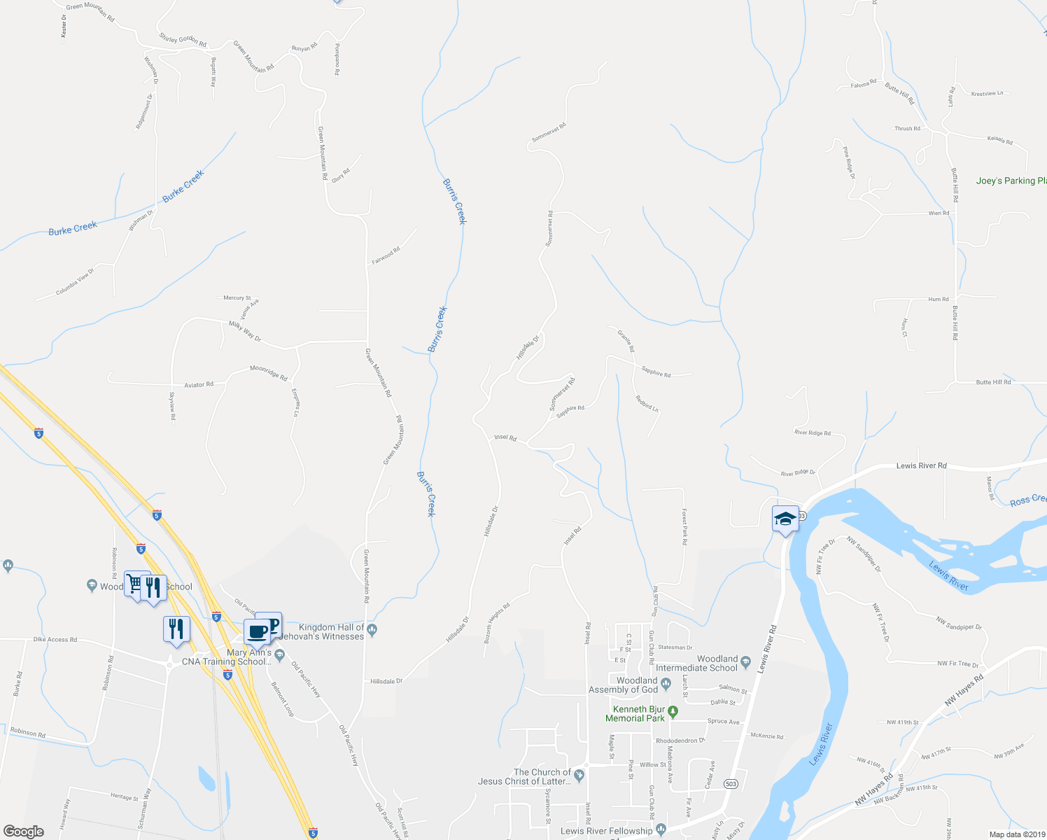 map of restaurants, bars, coffee shops, grocery stores, and more near 1330 Insel Road in Woodland