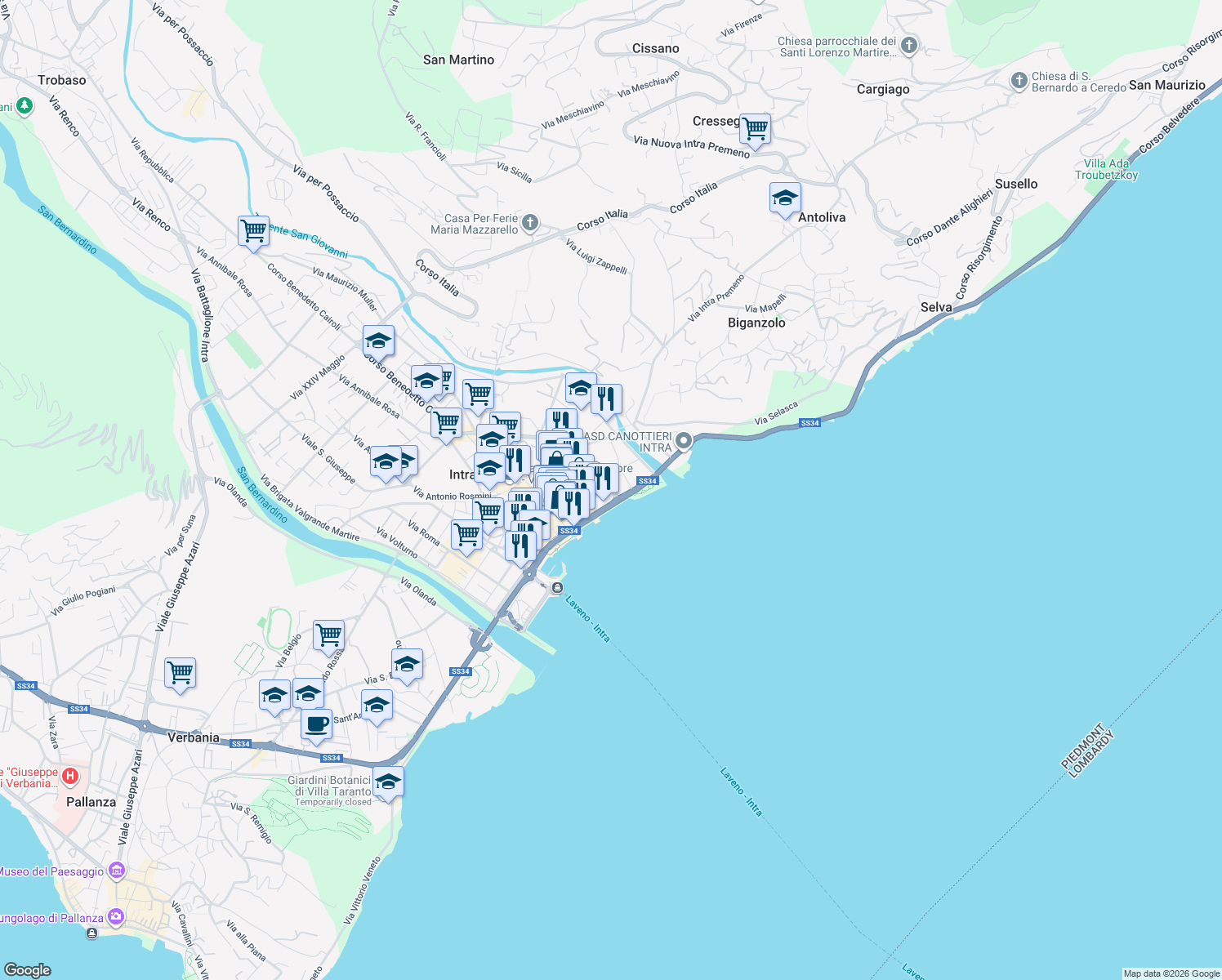 map of restaurants, bars, coffee shops, grocery stores, and more near 3 Corso Lorenzo Cobianchi in Intra