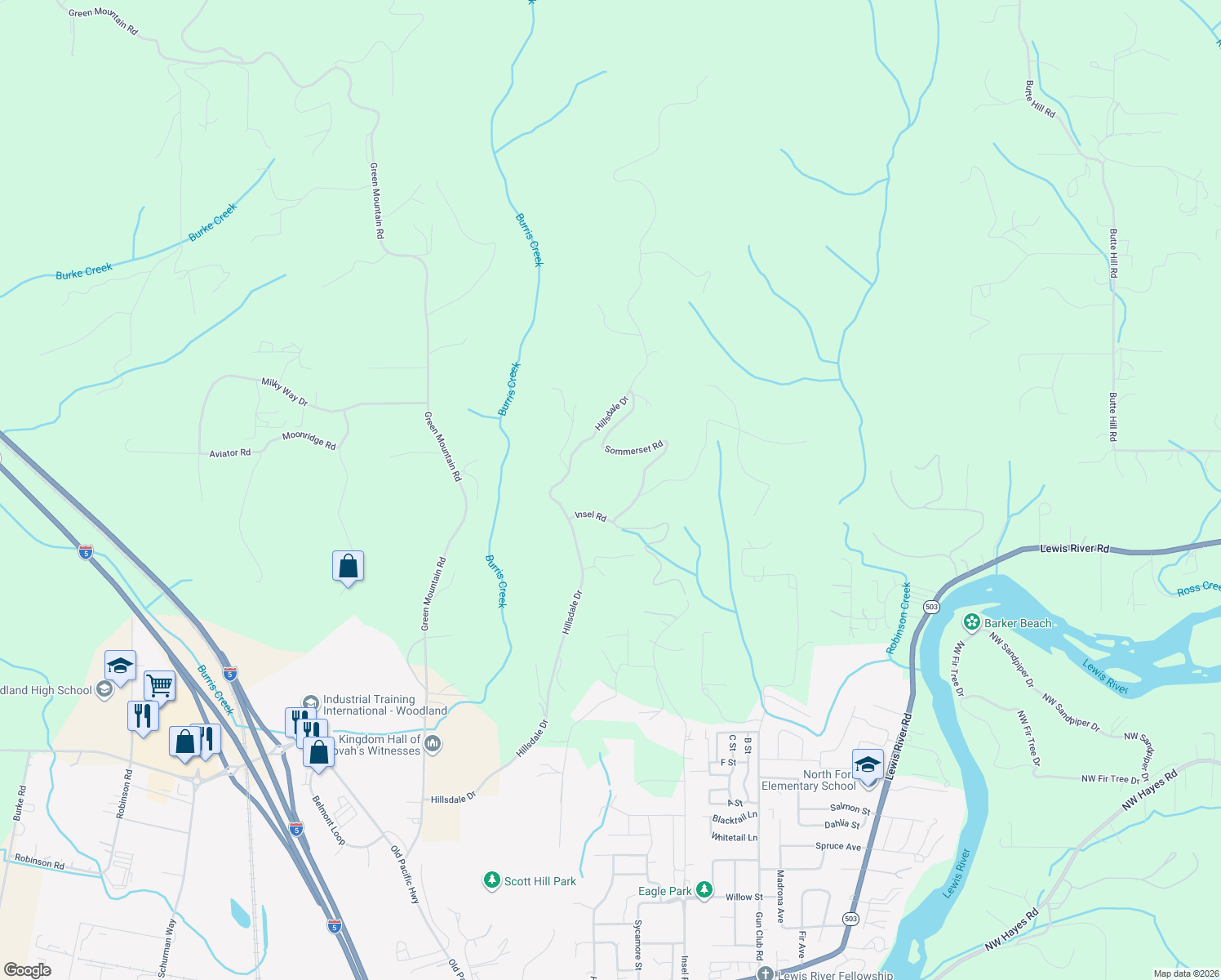 map of restaurants, bars, coffee shops, grocery stores, and more near 1330 Insel Road in Woodland