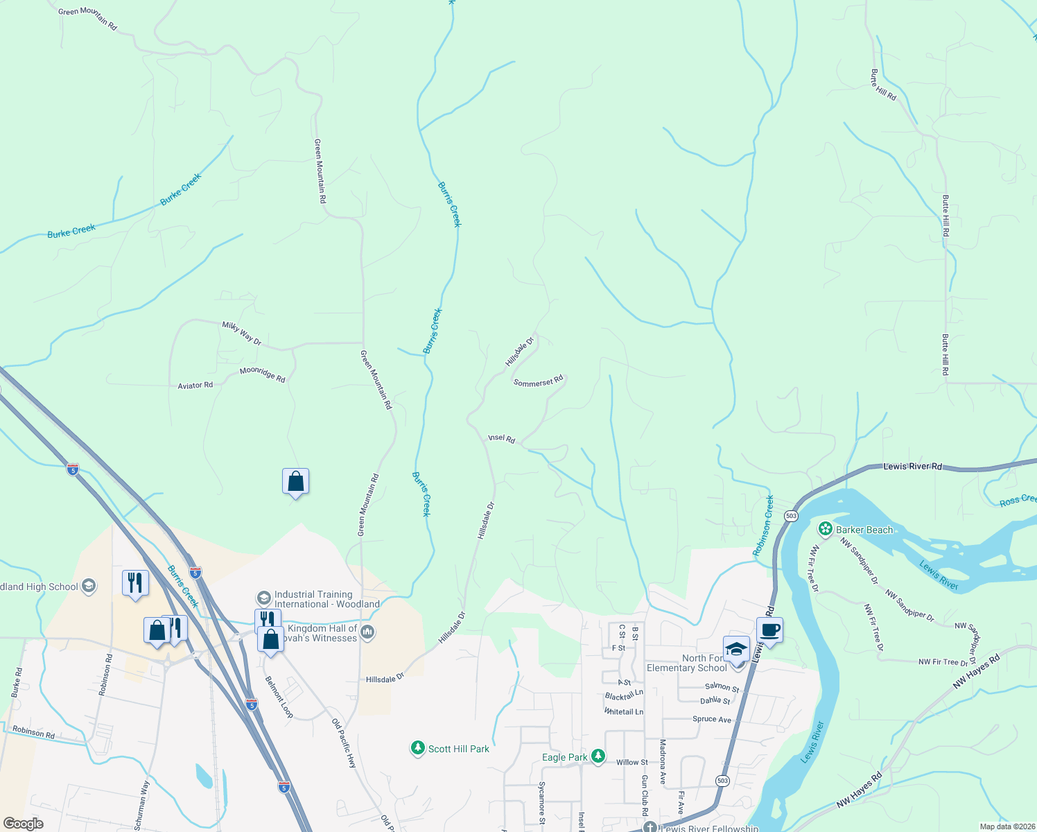 map of restaurants, bars, coffee shops, grocery stores, and more near 1330 Insel Road in Woodland