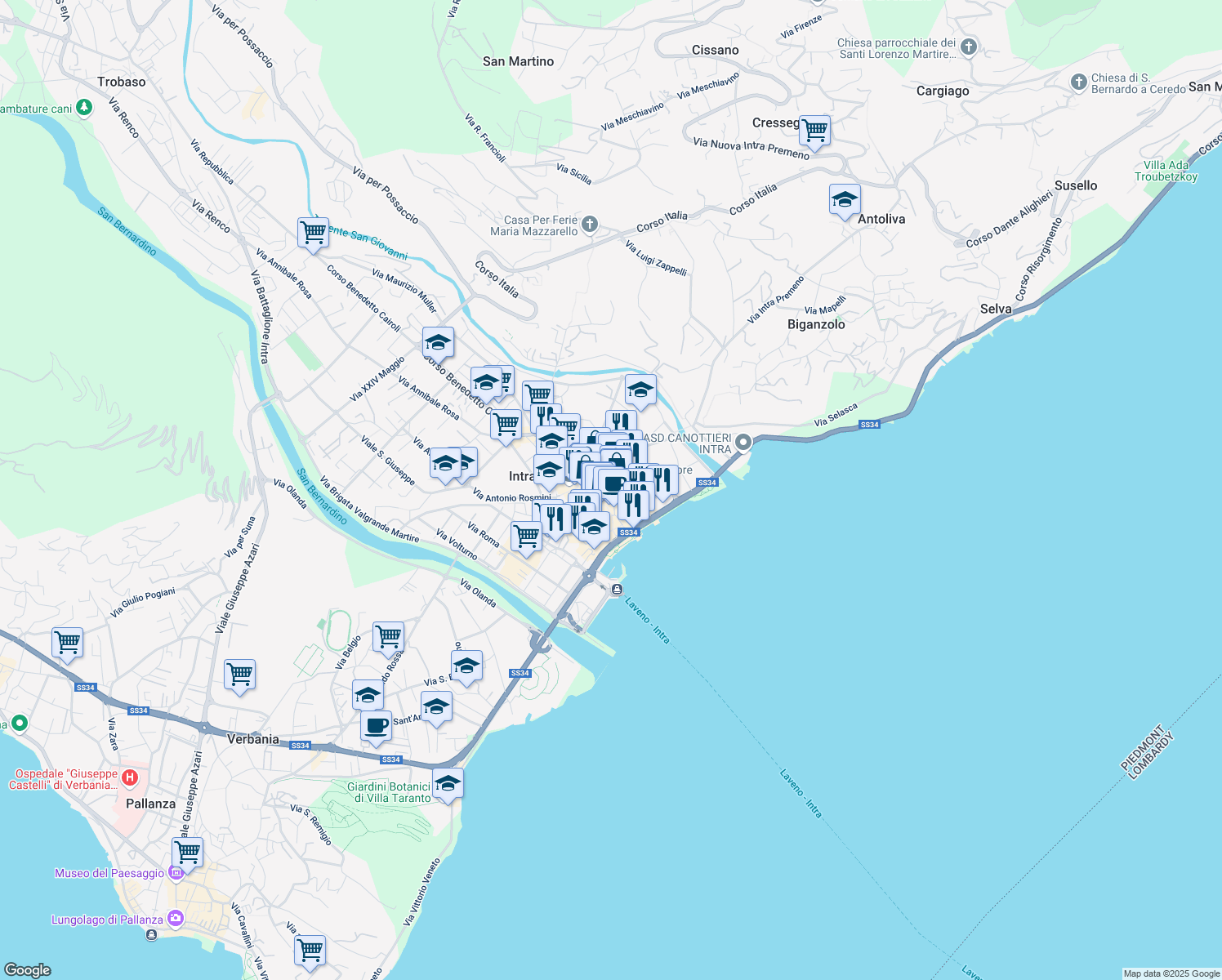 map of restaurants, bars, coffee shops, grocery stores, and more near 41 Via San Vittore in Pallanza