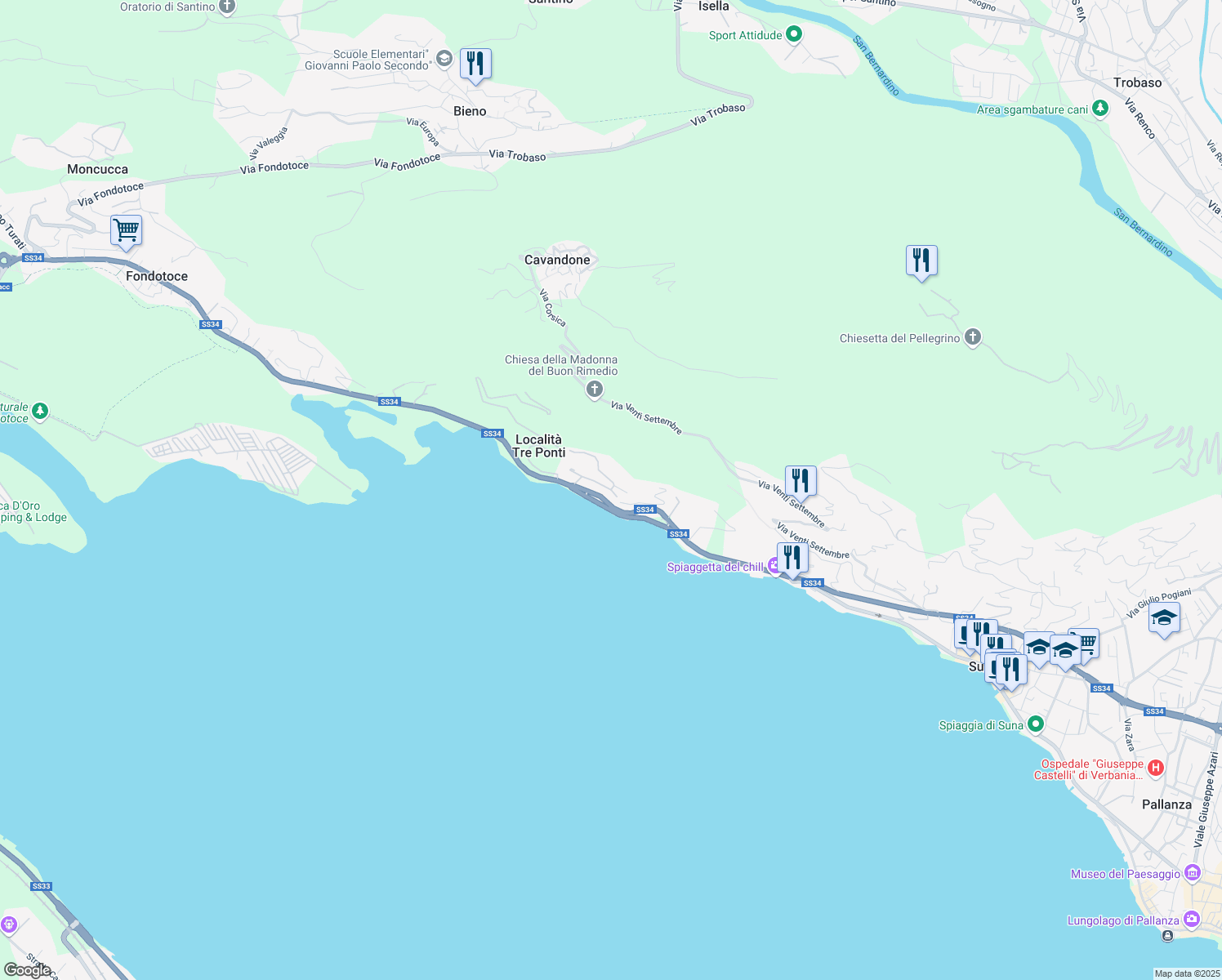 map of restaurants, bars, coffee shops, grocery stores, and more near 14 Via Privata Girasole in Località Tre Ponti