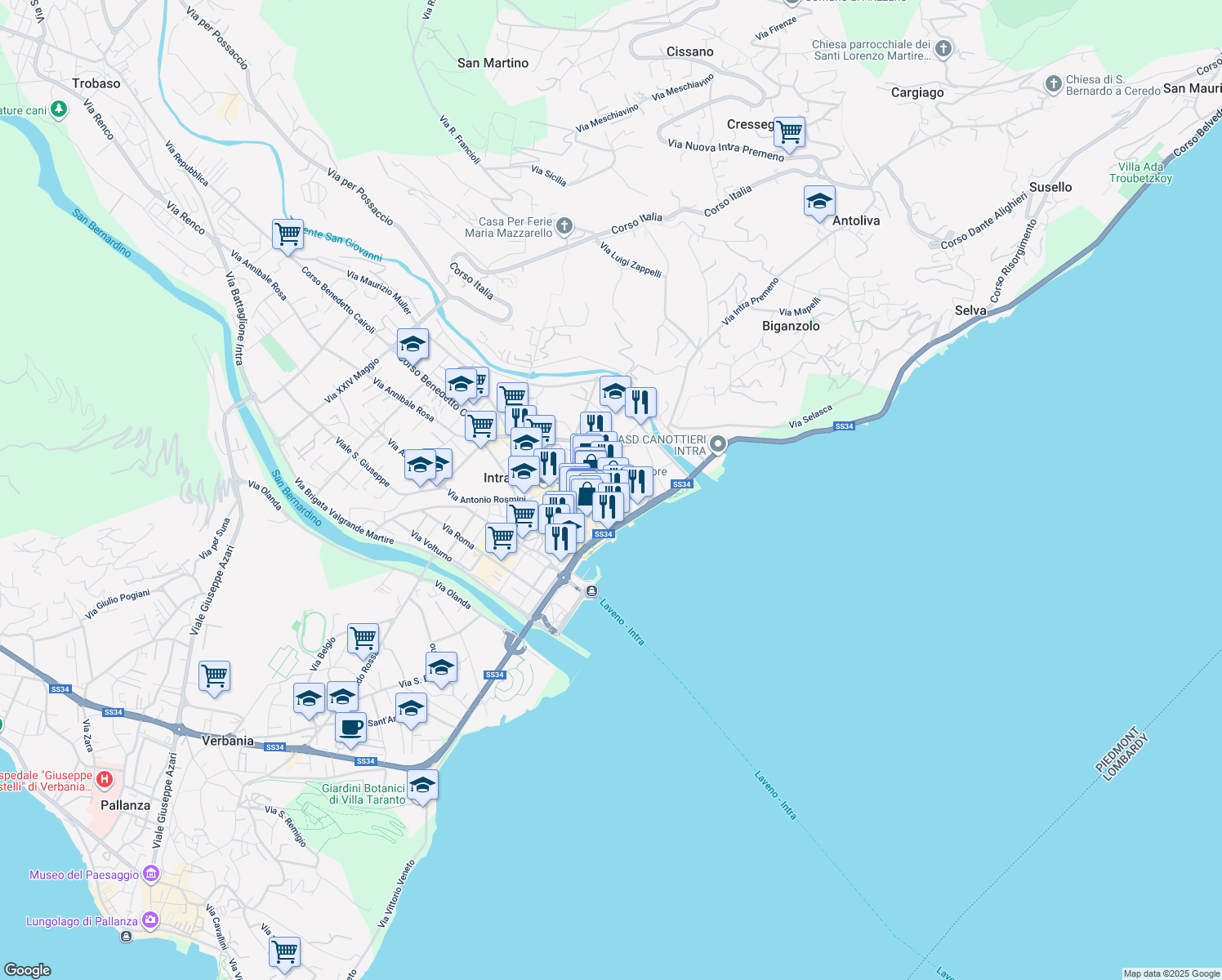 map of restaurants, bars, coffee shops, grocery stores, and more near 38 Via Aristide de Bonis in Pallanza