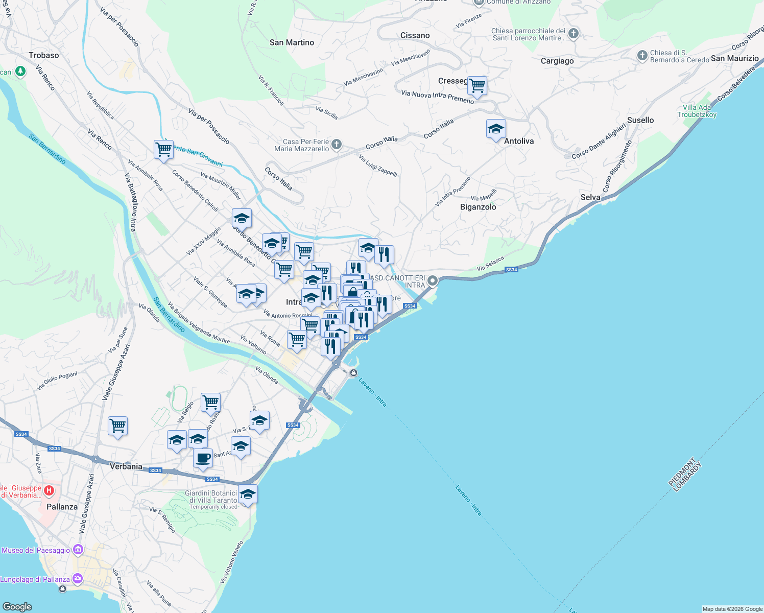 map of restaurants, bars, coffee shops, grocery stores, and more near 3 Corso Lorenzo Cobianchi in Intra