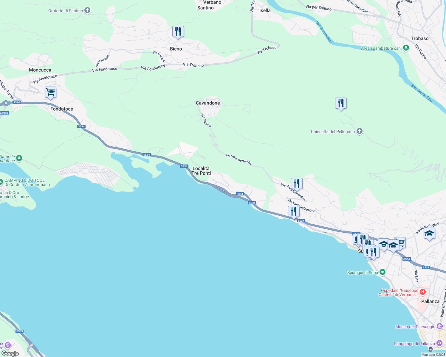 map of restaurants, bars, coffee shops, grocery stores, and more near 4-14 Via Privata Girasole in Località Tre Ponti