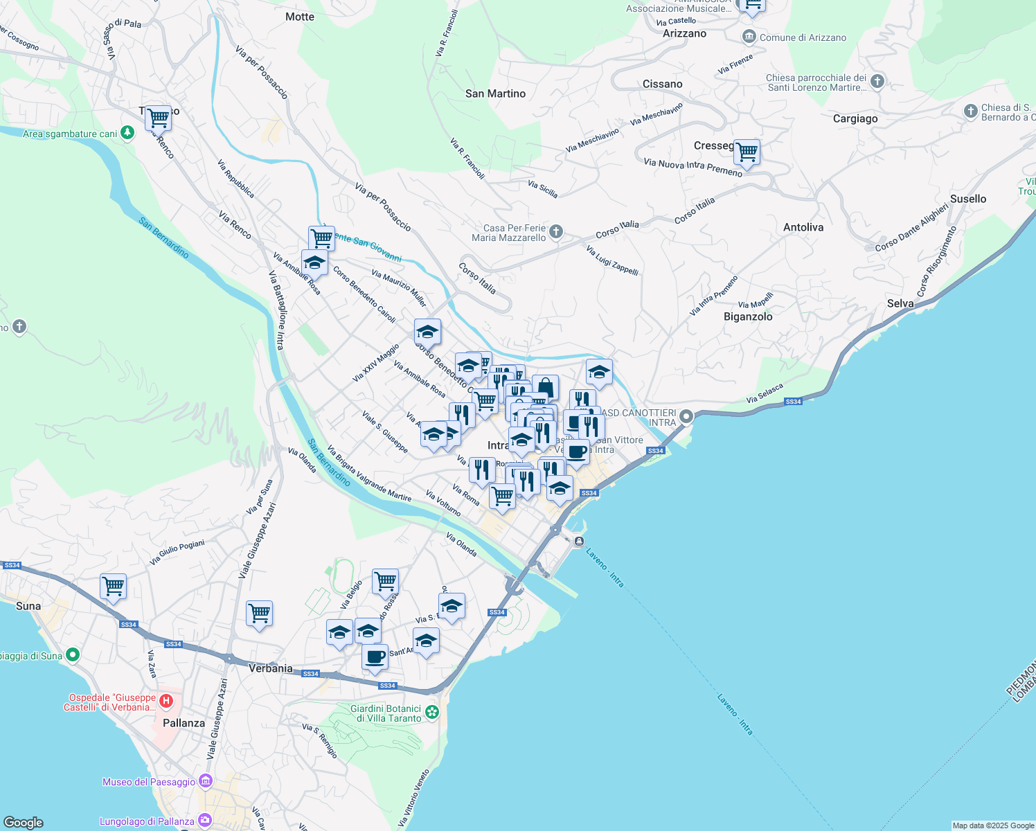 map of restaurants, bars, coffee shops, grocery stores, and more near 41 Via San Vittore in Pallanza