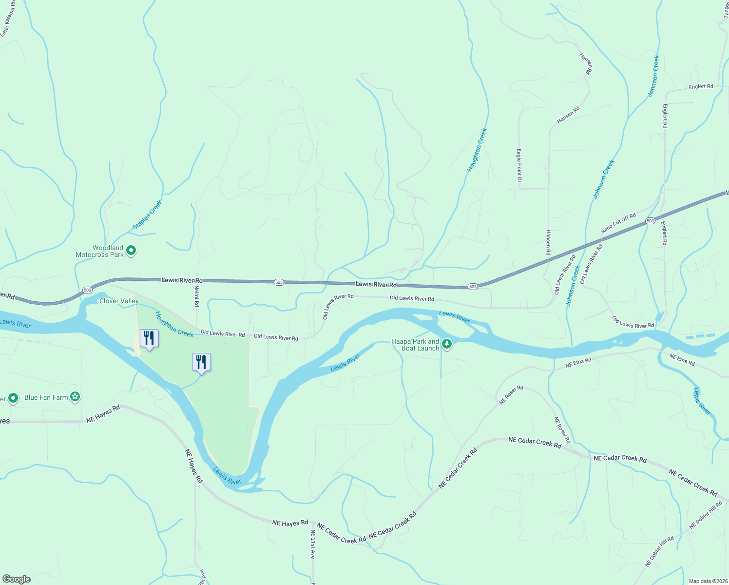 map of restaurants, bars, coffee shops, grocery stores, and more near 3657 Old Lewis River Road in Woodland