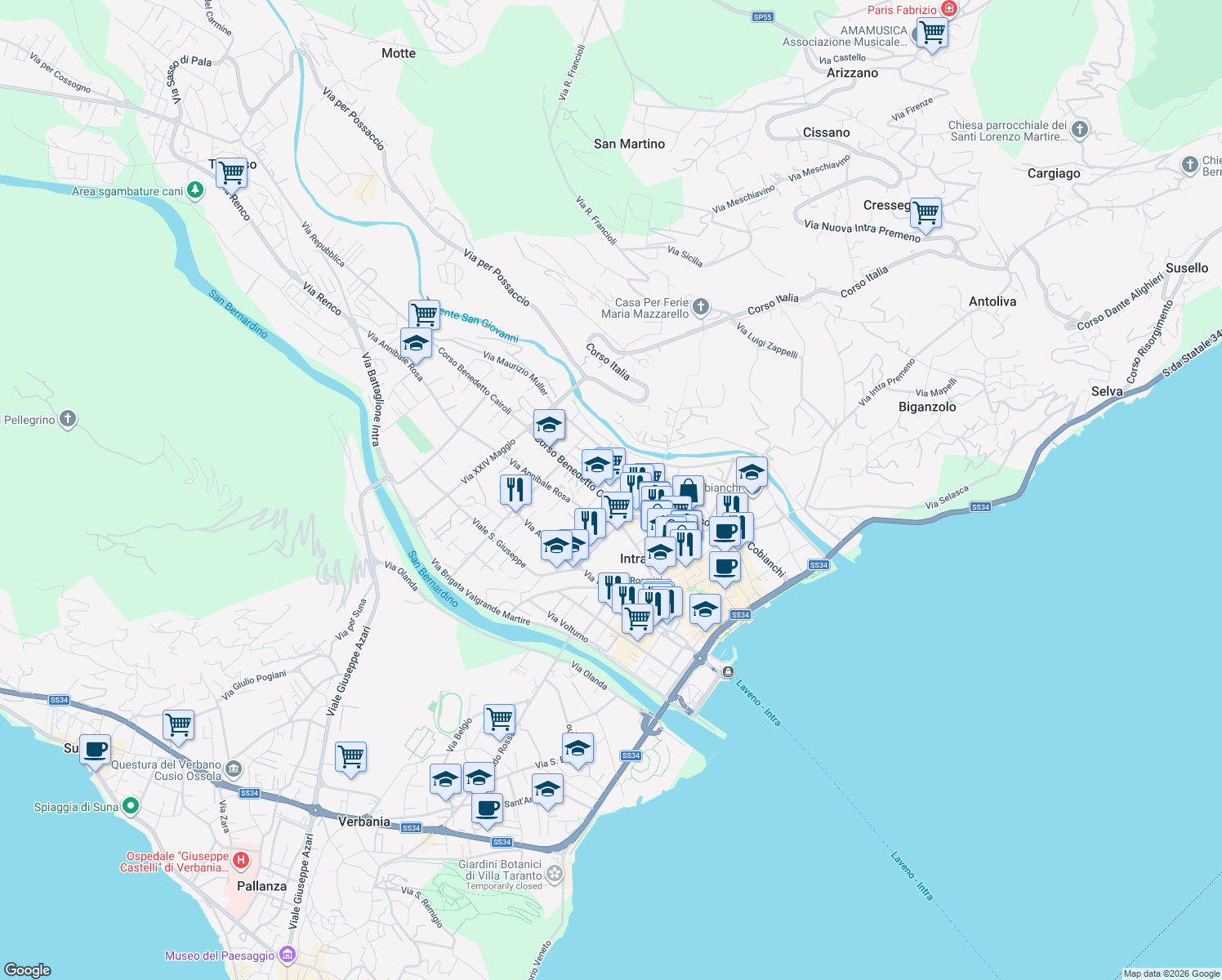 map of restaurants, bars, coffee shops, grocery stores, and more near 35 Via Quattrini in Intra