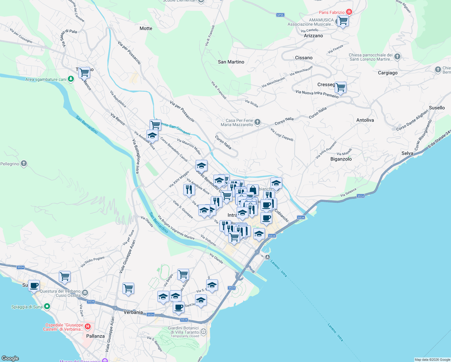 map of restaurants, bars, coffee shops, grocery stores, and more near 35 Via Quattrini in Pallanza