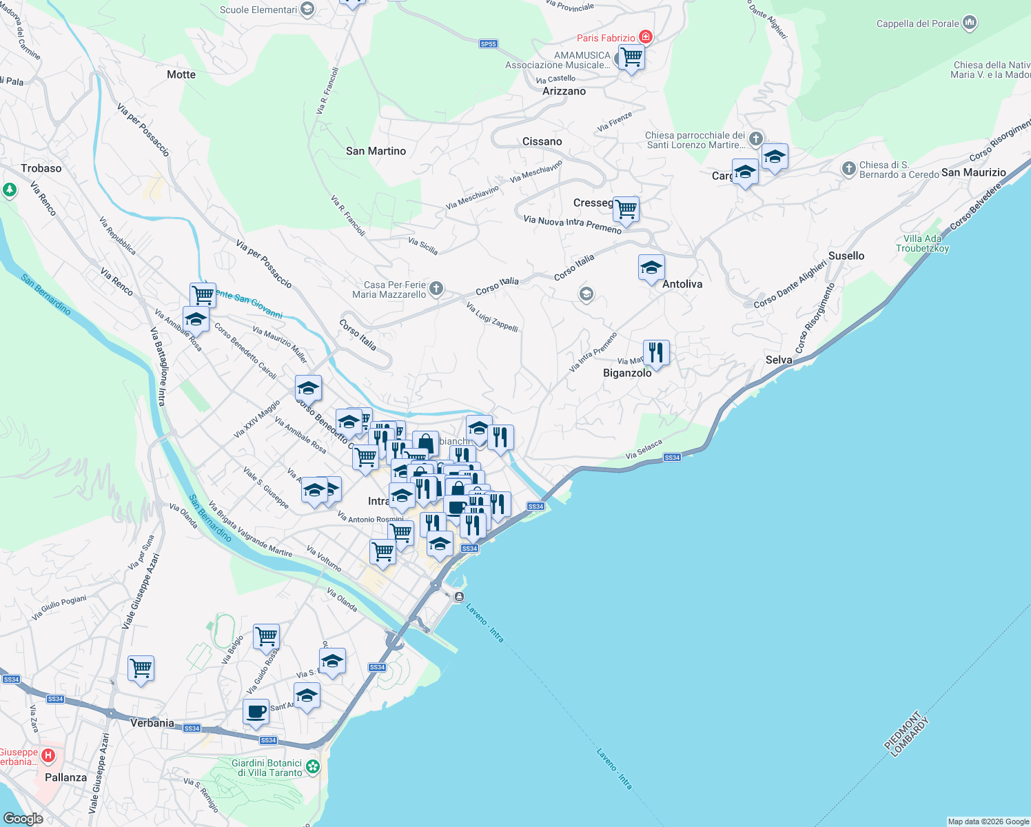 map of restaurants, bars, coffee shops, grocery stores, and more near 7 Via Vignolo in Pallanza