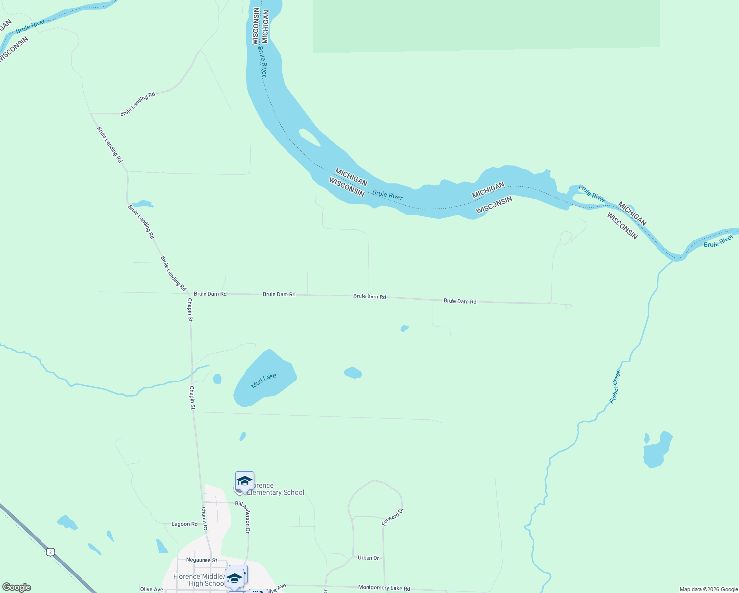 map of restaurants, bars, coffee shops, grocery stores, and more near Brule Dam Road in Florence