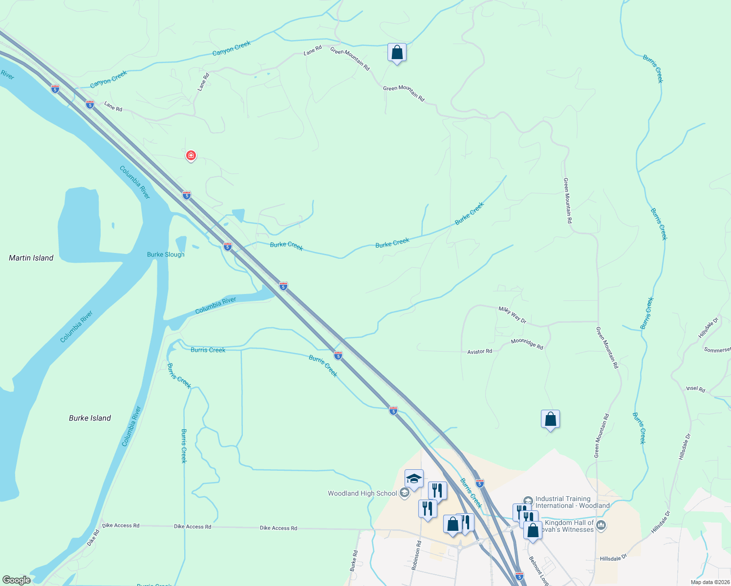 map of restaurants, bars, coffee shops, grocery stores, and more near 191 Columbia View Drive in Woodland