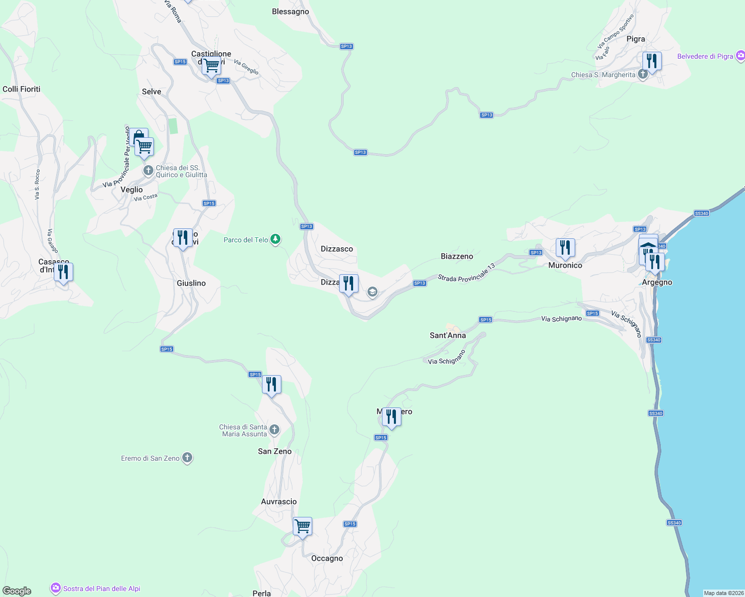 map of restaurants, bars, coffee shops, grocery stores, and more near 15 Via San Pietro in Dizzasco