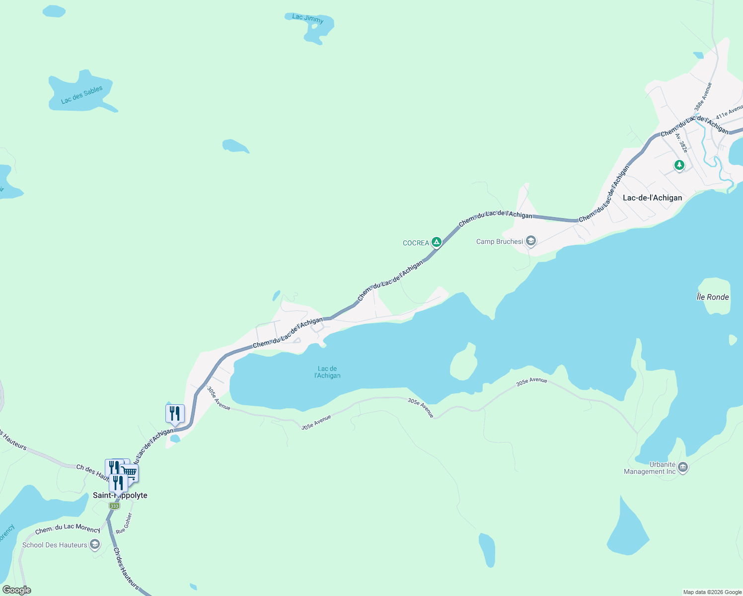map of restaurants, bars, coffee shops, grocery stores, and more near 7 352e Avenue in Saint-Hippolyte