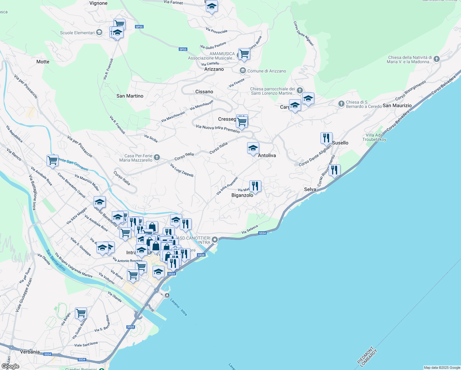 map of restaurants, bars, coffee shops, grocery stores, and more near 61 Via Intra Premeno in Pallanza