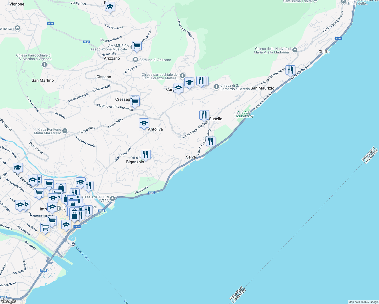 map of restaurants, bars, coffee shops, grocery stores, and more near 40 Via Selasca in Selva
