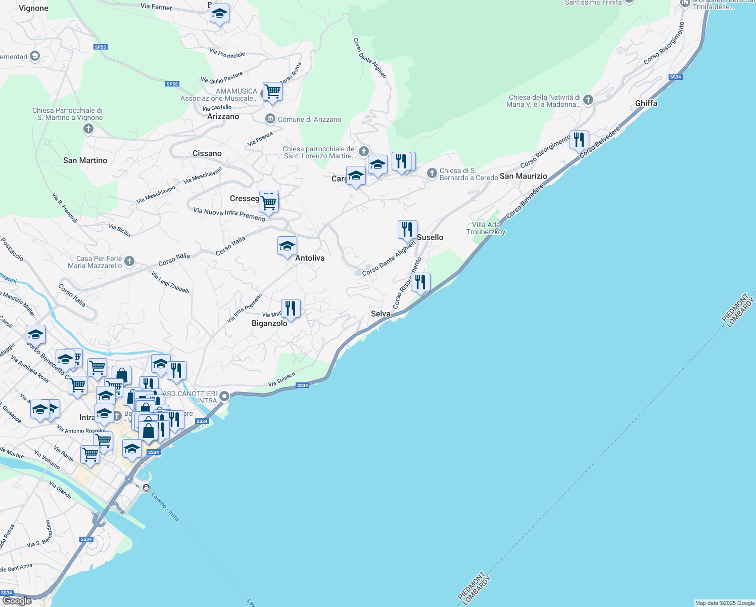 map of restaurants, bars, coffee shops, grocery stores, and more near 19 Via Manin in Susello