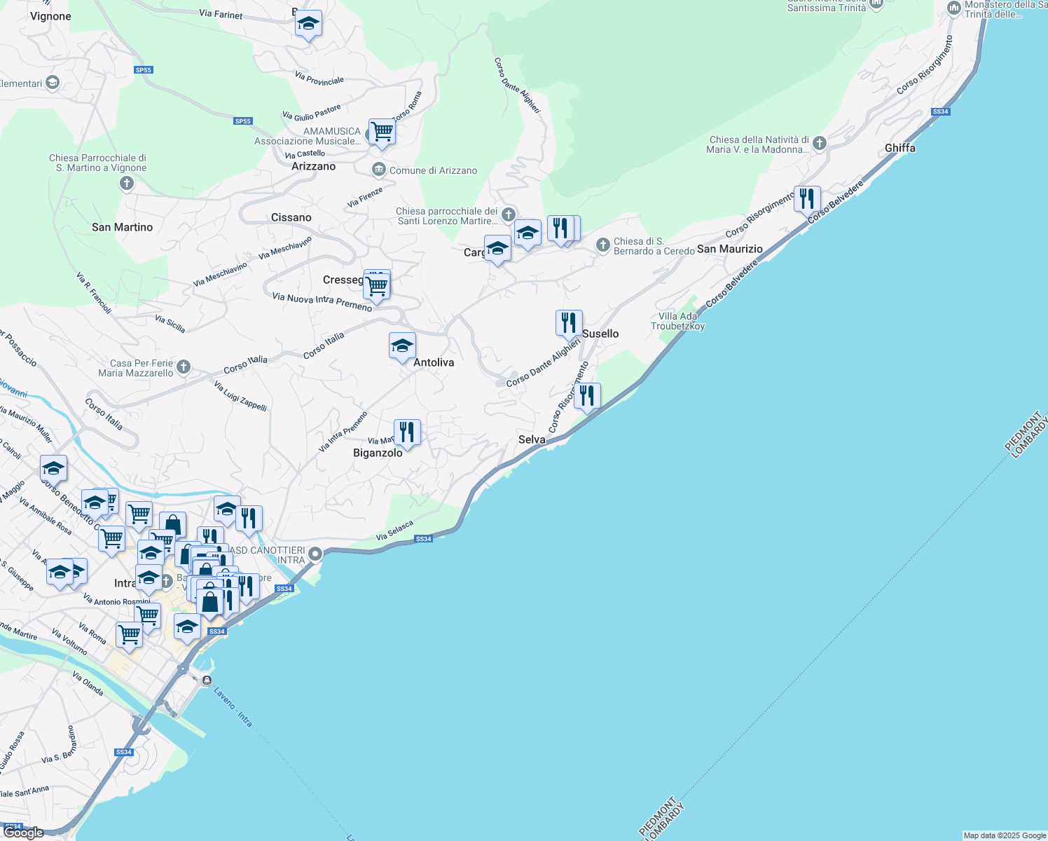 map of restaurants, bars, coffee shops, grocery stores, and more near 40 Via Selasca in Selva