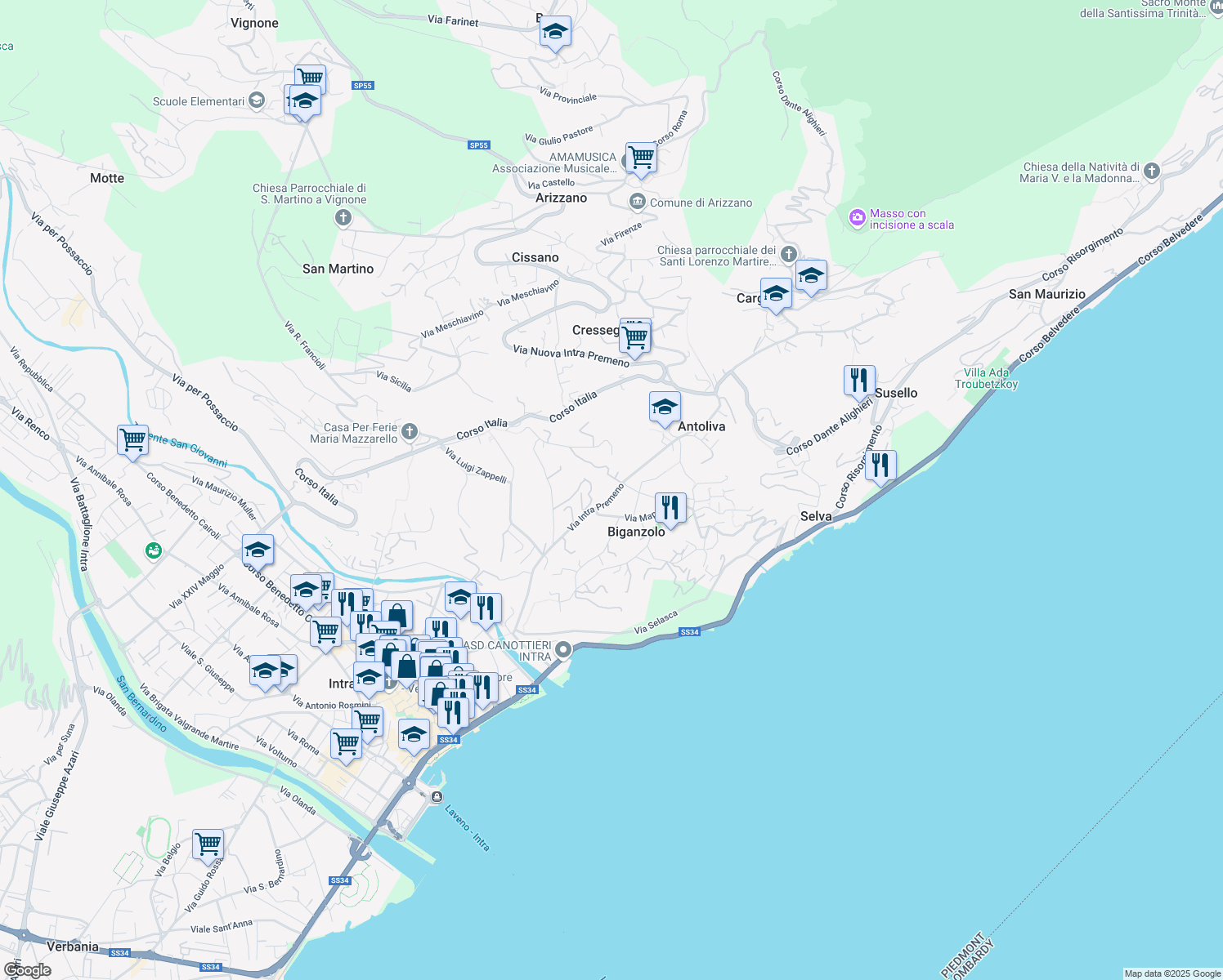 map of restaurants, bars, coffee shops, grocery stores, and more near 61 Via Intra Premeno in Pallanza