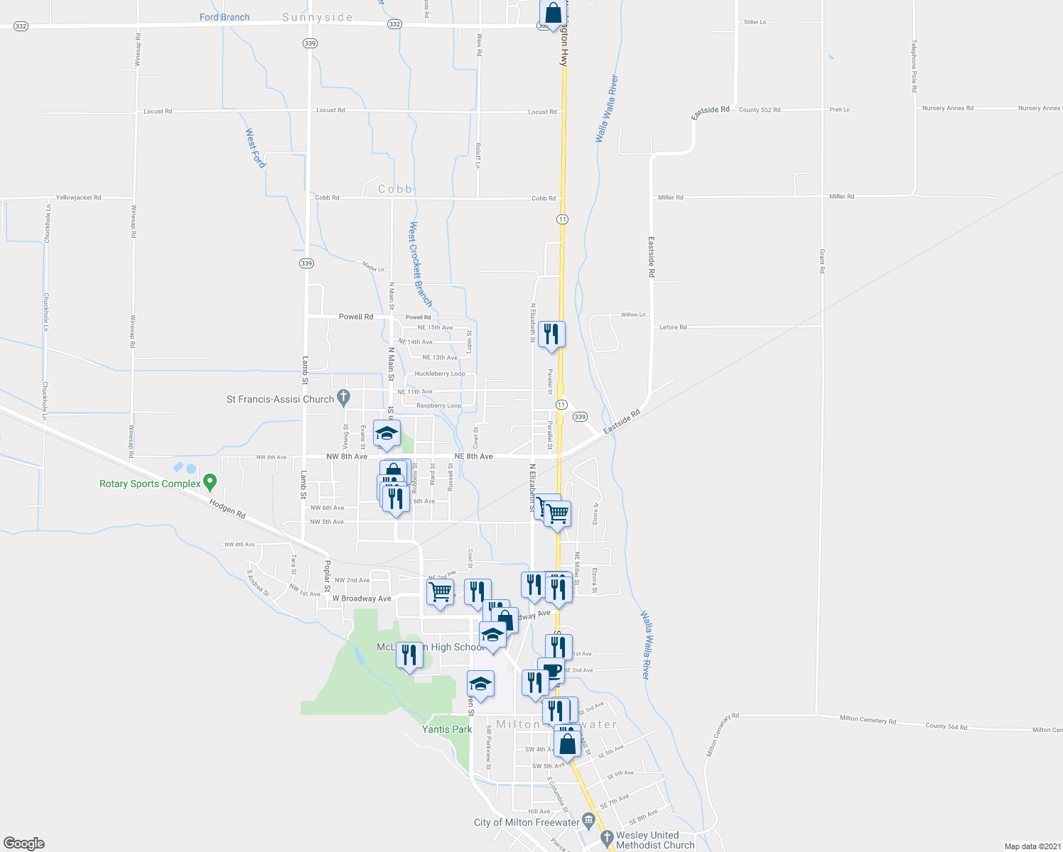 map of restaurants, bars, coffee shops, grocery stores, and more near 505 Northeast 9th Court in Milton-Freewater