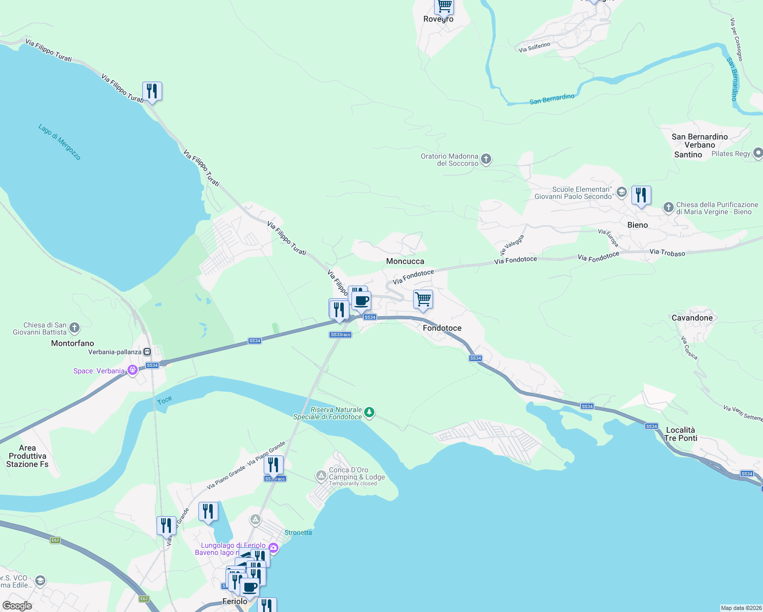 map of restaurants, bars, coffee shops, grocery stores, and more near 42 Martiri in Fondotoce