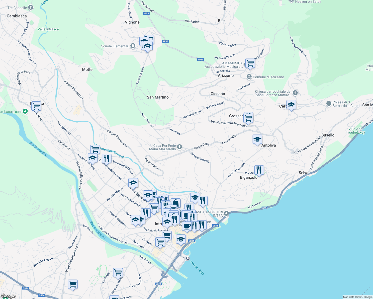 map of restaurants, bars, coffee shops, grocery stores, and more near 81 Corso Italia in Pallanza