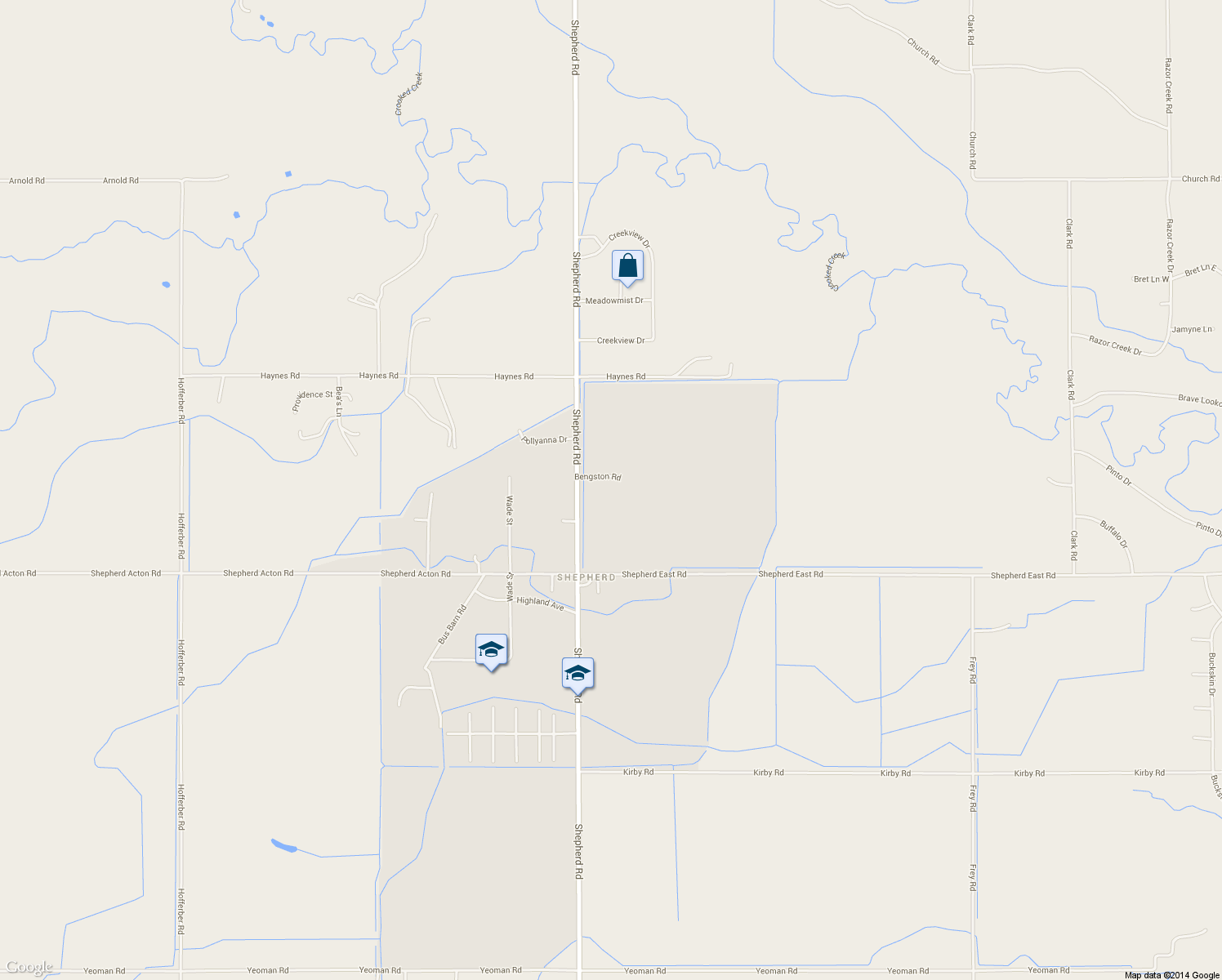 map of restaurants, bars, coffee shops, grocery stores, and more near 5634 Bengston Road in Shepherd