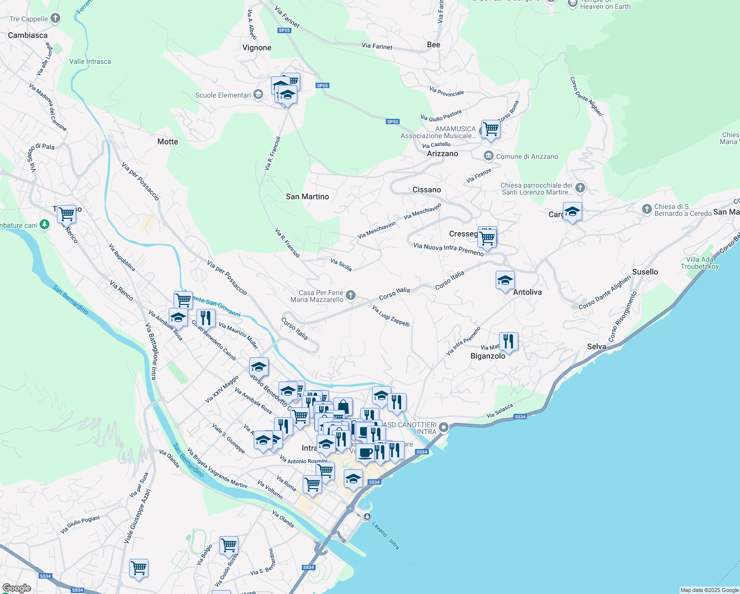 map of restaurants, bars, coffee shops, grocery stores, and more near 81 Corso Italia in Pallanza